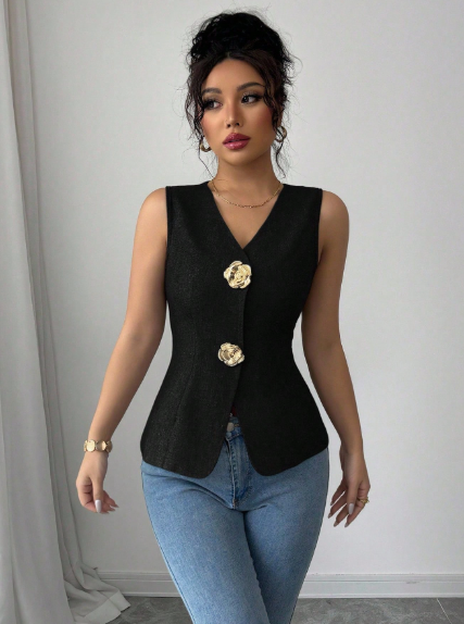 Women's V-Neck Fitted Gold Rose Button Decor Outerwear Vest