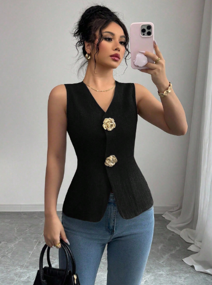 Women's V-Neck Fitted Gold Rose Button Decor Outerwear Vest