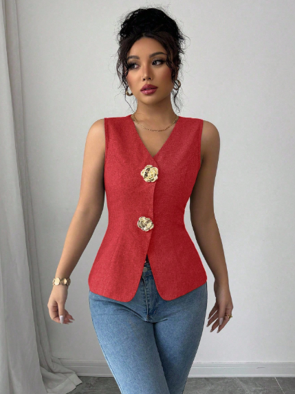Women's V-Neck Fitted Gold Rose Button Decor Outerwear Vest