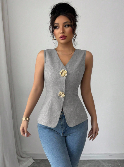 Women's V-Neck Fitted Gold Rose Button Decor Outerwear Vest