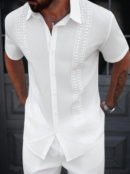 Men's Casual Summer Solid Color Contrast Lace Single Breasted Shirt