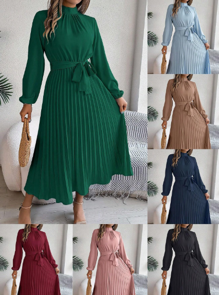 Women's Spring & Summer Graceful Tie Collar Lantern Sleeve Pleated Swing Dress