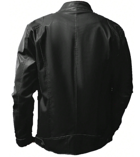 Men's Stand Collar Fitted Faux Leather Rave Jacket With Zipper Pockets, Motorcycle Style