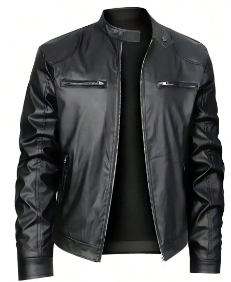 Men's Stand Collar Fitted Faux Leather Rave Jacket With Zipper Pockets, Motorcycle Style