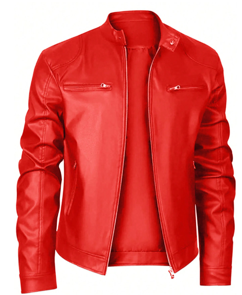 Men's Stand Collar Fitted Faux Leather Rave Jacket With Zipper Pockets, Motorcycle Style