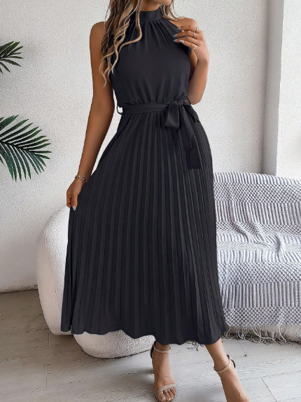 Elegant Tie Waist Sleeveless Pleated Dress