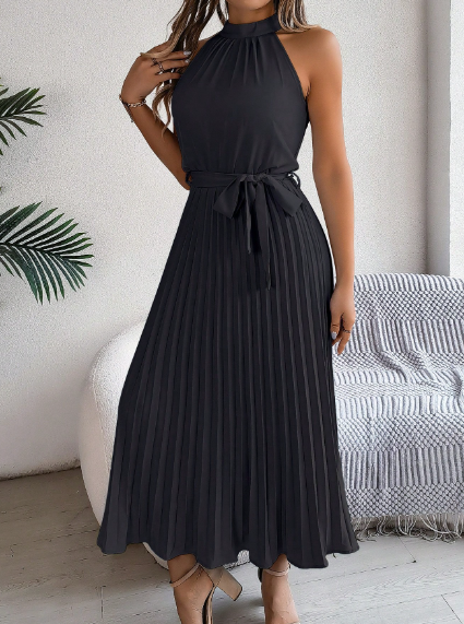 Elegant Tie Waist Sleeveless Pleated Dress