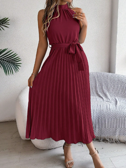 Elegant Tie Waist Sleeveless Pleated Dress
